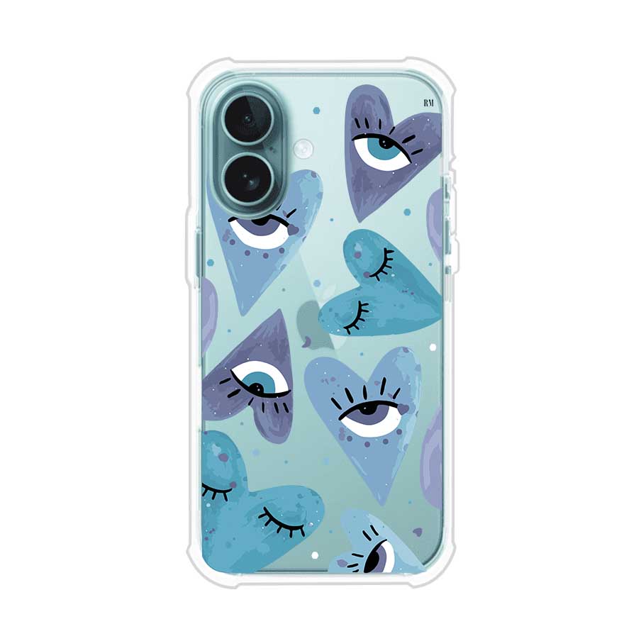 Funda para iPhone con corazones azules y ojos ilustrados, diseño artístico original y expresivo para un estilo auténtico. Producto de Remark Mx