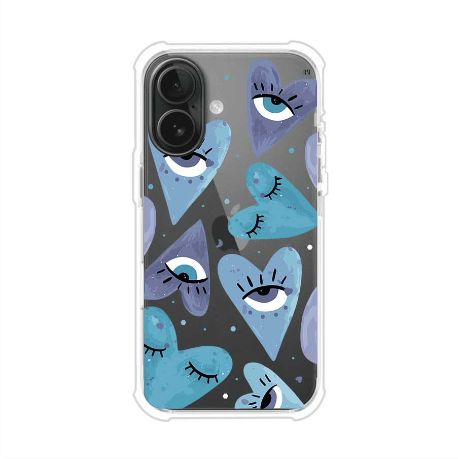 Funda para iPhone con corazones azules y ojos ilustrados, diseño artístico original y expresivo para un estilo auténtico. Producto de Remark Mx