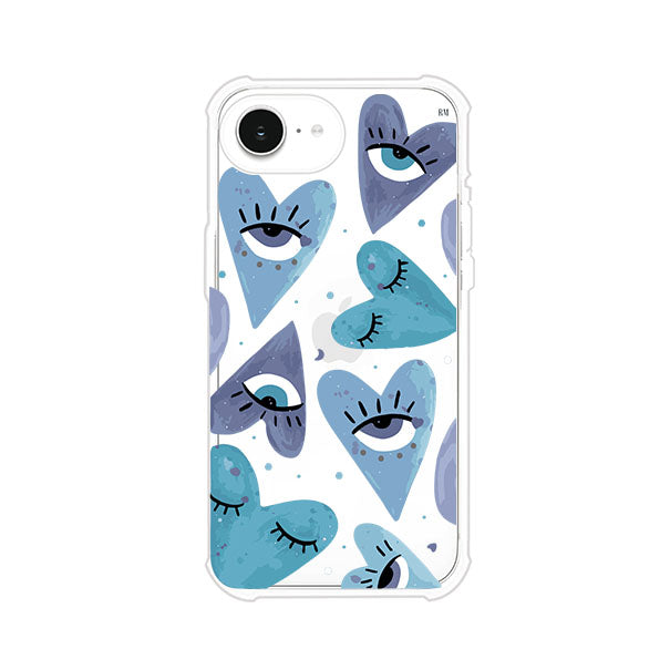 Funda para iPhone con corazones azules y ojos ilustrados, diseño artístico original y expresivo para un estilo auténtico. Producto de Remark Mx