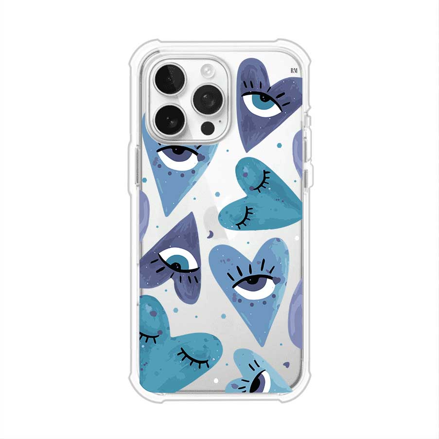 Funda para iPhone con corazones azules y ojos ilustrados, diseño artístico original y expresivo para un estilo auténtico. Producto de Remark Mx