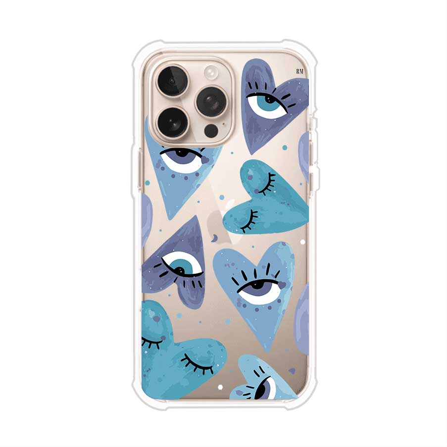 Funda para iPhone con corazones azules y ojos ilustrados, diseño artístico original y expresivo para un estilo auténtico. Producto de Remark Mx