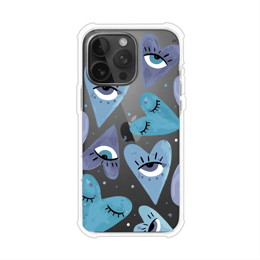 Funda para iPhone con corazones azules y ojos ilustrados, diseño artístico original y expresivo para un estilo auténtico. Producto de Remark Mx