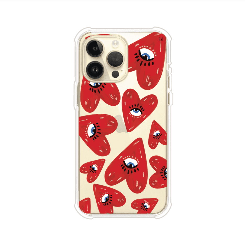 Funda para iPhone con diseño de corazones rojos ilustrados con ojos al centro. Estilo artístico, llamativo y original. Ideal para quienes buscan un accesorio único. Diseño de Remark MX