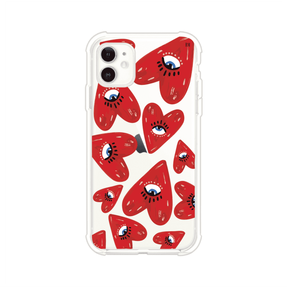 Funda para iPhone con diseño de corazones rojos ilustrados con ojos al centro. Estilo artístico, llamativo y original. Ideal para quienes buscan un accesorio único. Diseño de Remark MX