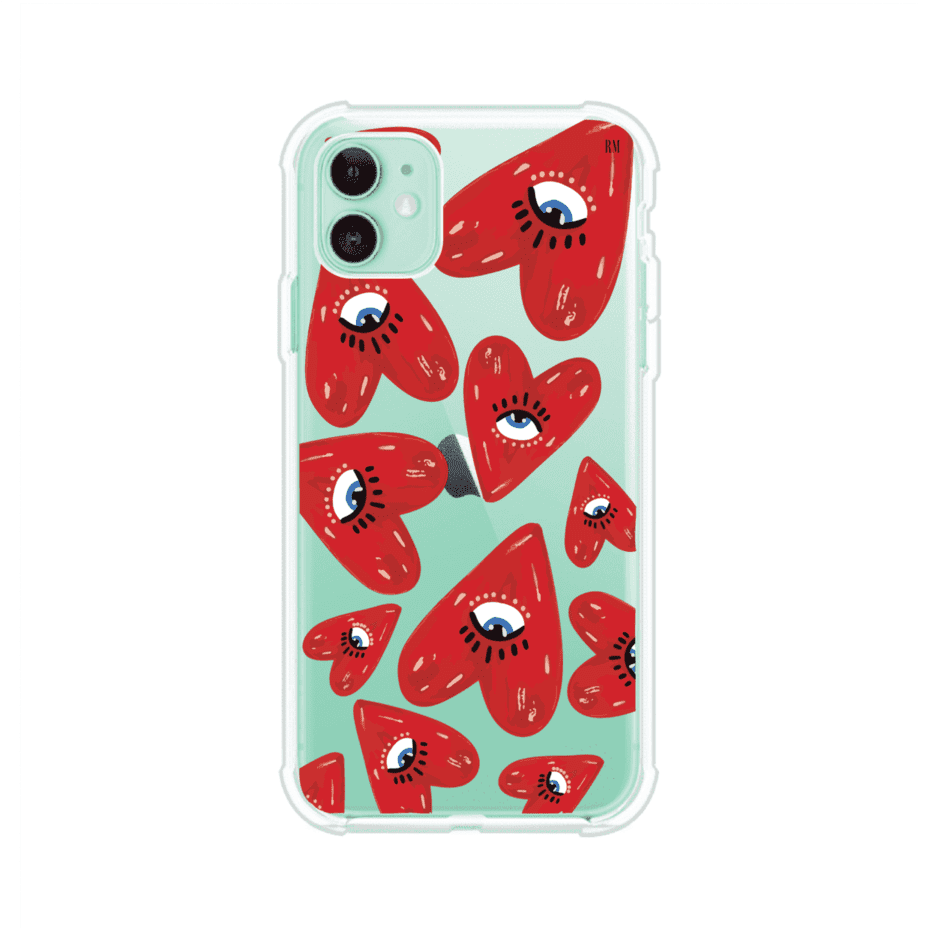 Funda para iPhone con diseño de corazones rojos ilustrados con ojos al centro. Estilo artístico, llamativo y original. Ideal para quienes buscan un accesorio único. Diseño de Remark MX