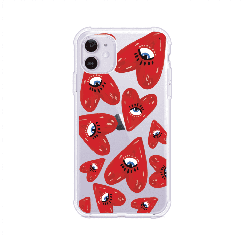 Funda para iPhone con diseño de corazones rojos ilustrados con ojos al centro. Estilo artístico, llamativo y original. Ideal para quienes buscan un accesorio único. Diseño de Remark MX