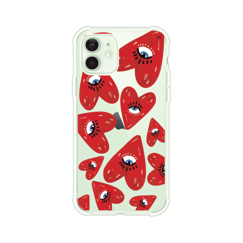 Funda para iPhone con diseño de corazones rojos ilustrados con ojos al centro. Estilo artístico, llamativo y original. Ideal para quienes buscan un accesorio único. Diseño de Remark MX