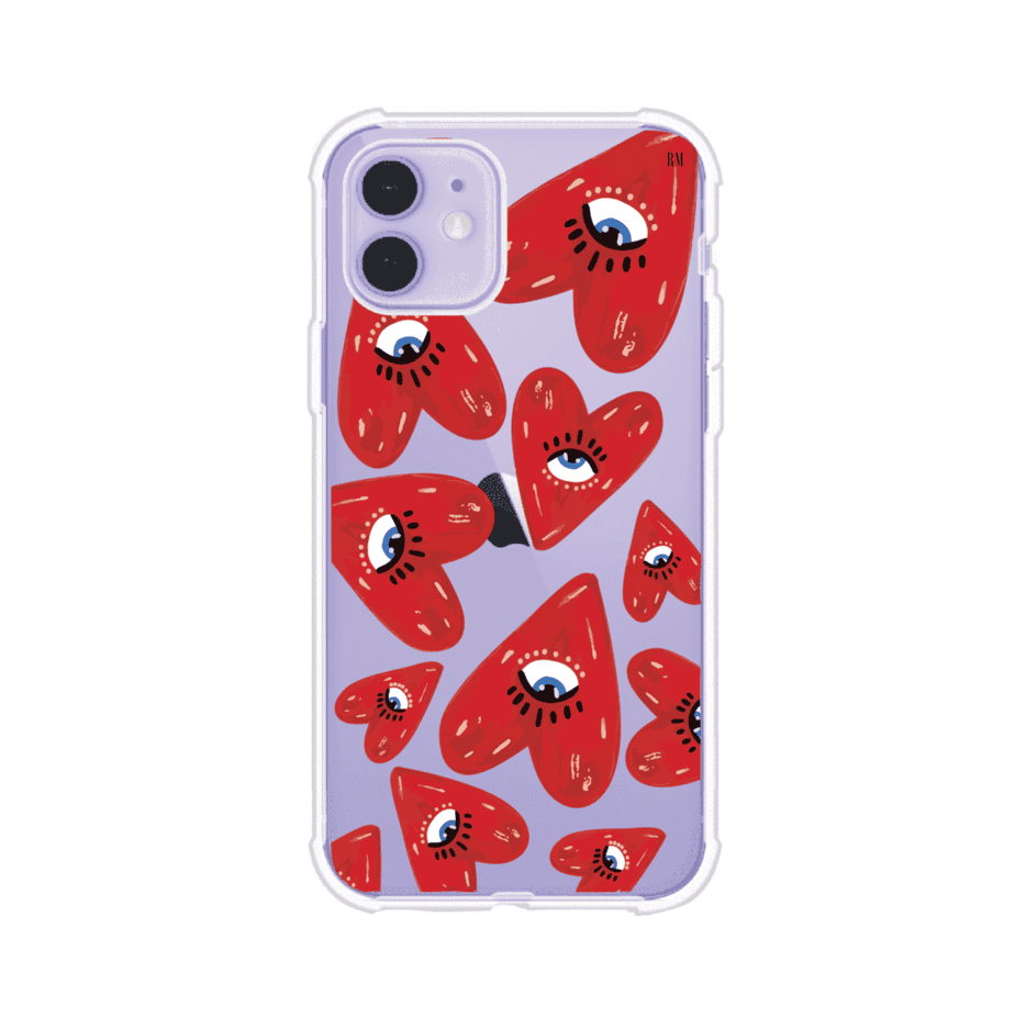 Funda para iPhone con diseño de corazones rojos ilustrados con ojos al centro. Estilo artístico, llamativo y original. Ideal para quienes buscan un accesorio único. Diseño de Remark MX