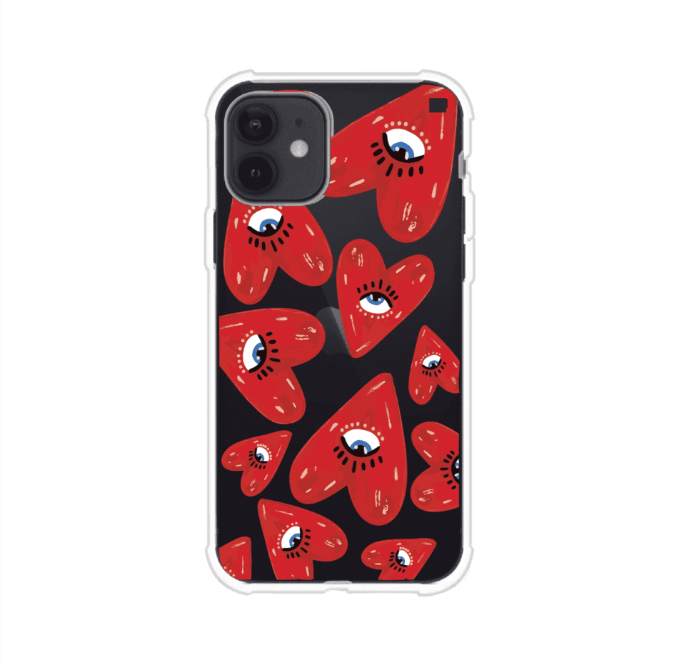 Funda para iPhone con diseño de corazones rojos ilustrados con ojos al centro. Estilo artístico, llamativo y original. Ideal para quienes buscan un accesorio único. Diseño de Remark MX