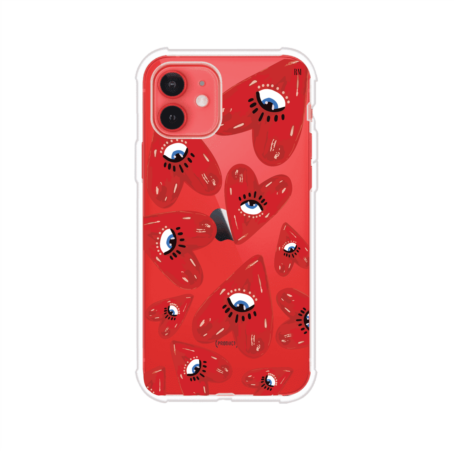 Funda para iPhone con diseño de corazones rojos ilustrados con ojos al centro. Estilo artístico, llamativo y original. Ideal para quienes buscan un accesorio único. Diseño de Remark MX