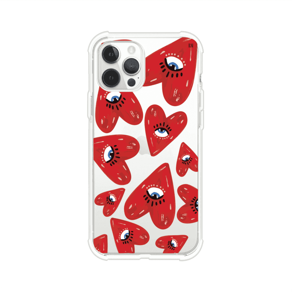 Funda para iPhone con diseño de corazones rojos ilustrados con ojos al centro. Estilo artístico, llamativo y original. Ideal para quienes buscan un accesorio único. Diseño de Remark MX
