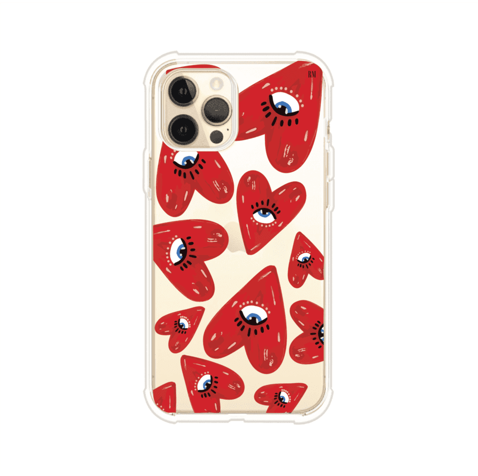 Funda para iPhone con diseño de corazones rojos ilustrados con ojos al centro. Estilo artístico, llamativo y original. Ideal para quienes buscan un accesorio único. Diseño de Remark MX