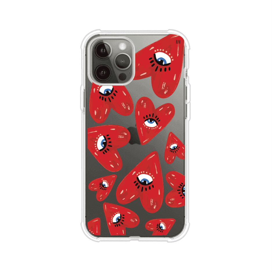 Funda para iPhone con diseño de corazones rojos ilustrados con ojos al centro. Estilo artístico, llamativo y original. Ideal para quienes buscan un accesorio único. Diseño de Remark MX