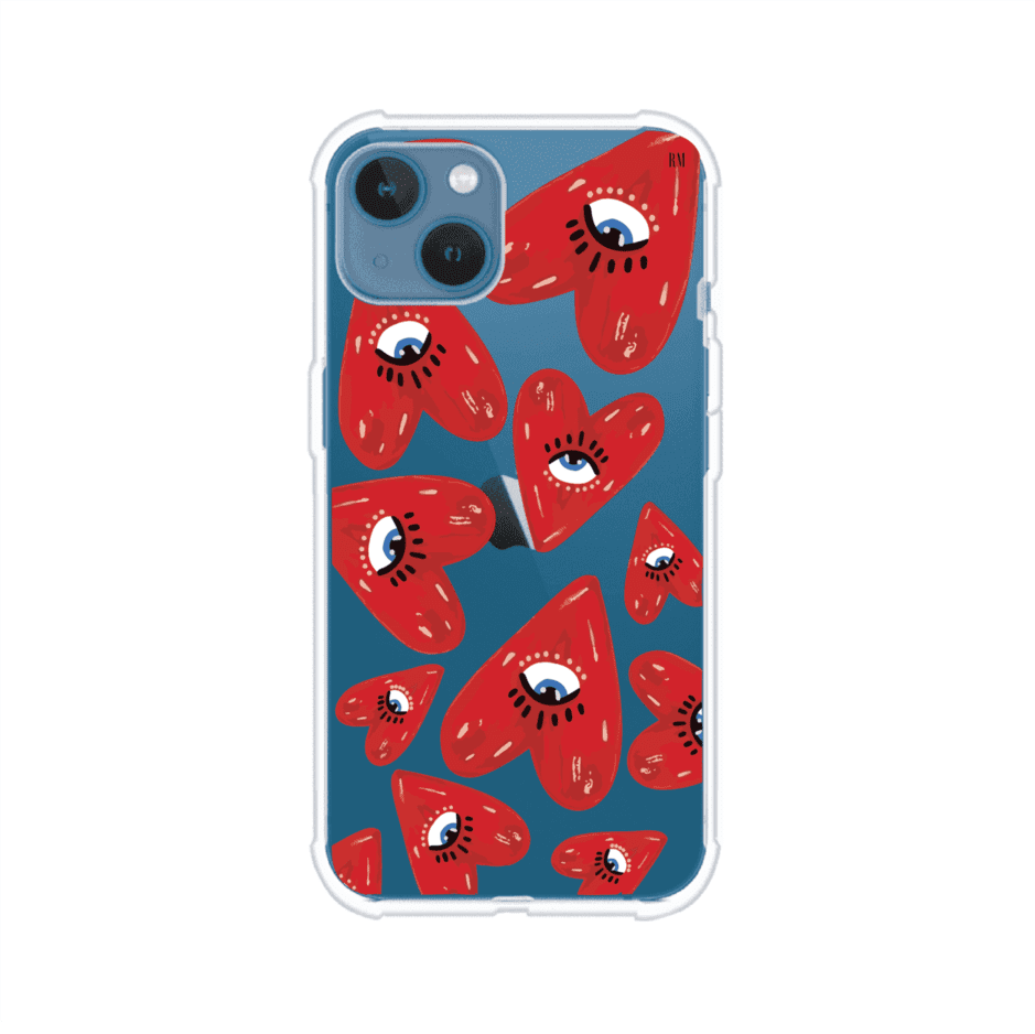 Funda para iPhone con diseño de corazones rojos ilustrados con ojos al centro. Estilo artístico, llamativo y original. Ideal para quienes buscan un accesorio único. Diseño de Remark MX