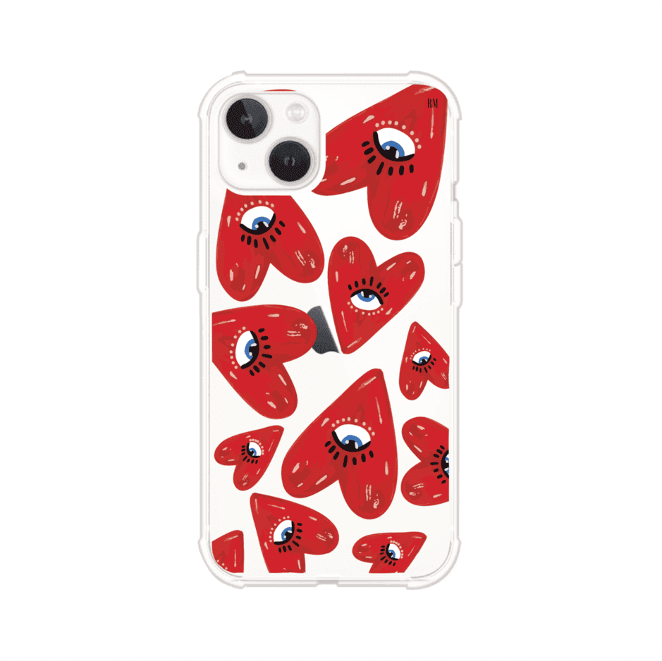 Funda para iPhone con diseño de corazones rojos ilustrados con ojos al centro. Estilo artístico, llamativo y original. Ideal para quienes buscan un accesorio único. Diseño de Remark MX