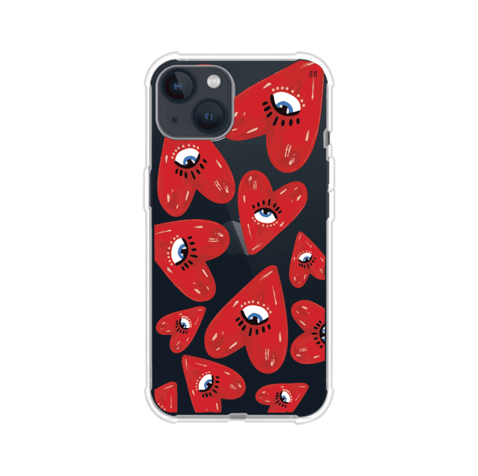 Funda para iPhone con diseño de corazones rojos ilustrados con ojos al centro. Estilo artístico, llamativo y original. Ideal para quienes buscan un accesorio único. Diseño de Remark MX
