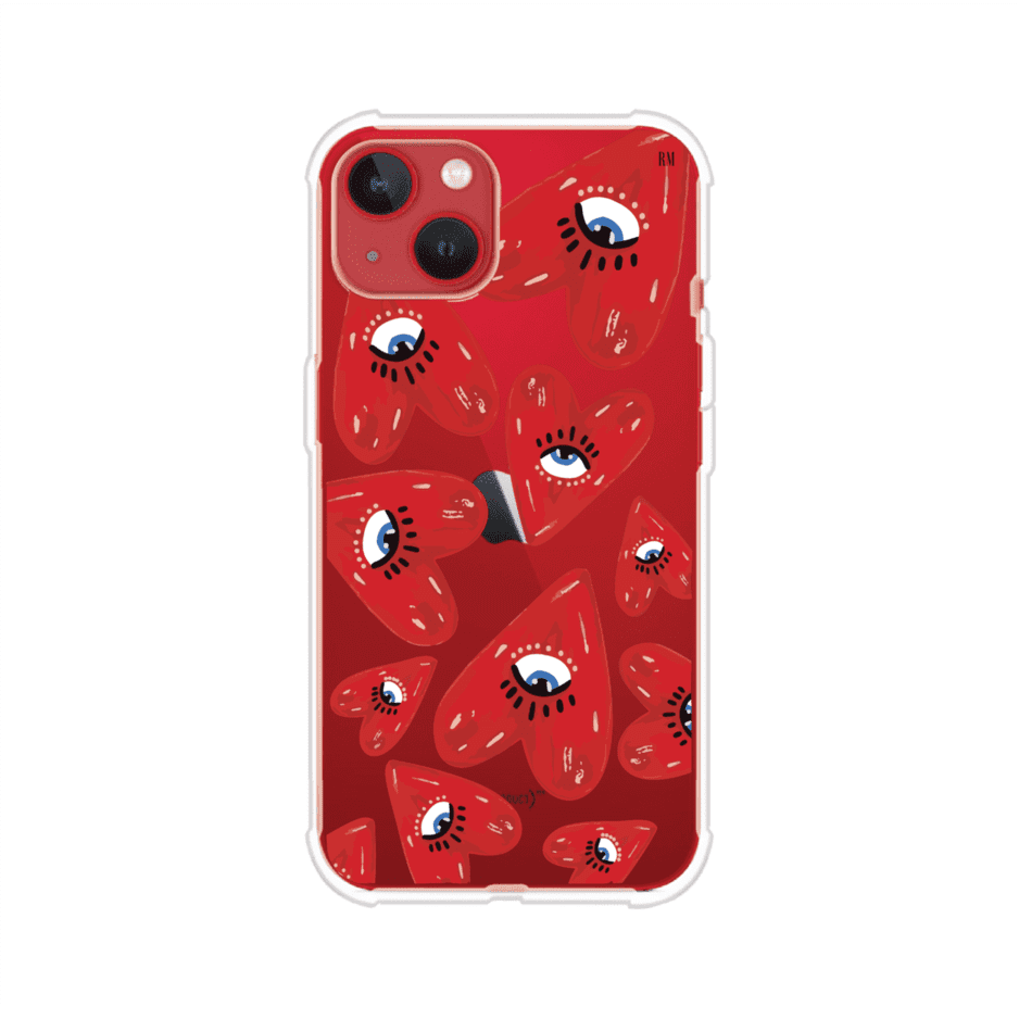 Funda para iPhone con diseño de corazones rojos ilustrados con ojos al centro. Estilo artístico, llamativo y original. Ideal para quienes buscan un accesorio único. Diseño de Remark MX