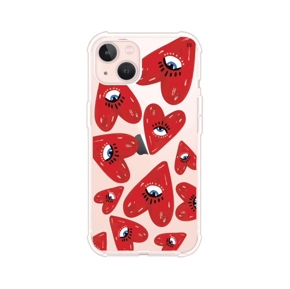 Funda para iPhone con diseño de corazones rojos ilustrados con ojos al centro. Estilo artístico, llamativo y original. Ideal para quienes buscan un accesorio único. Diseño de Remark MX
