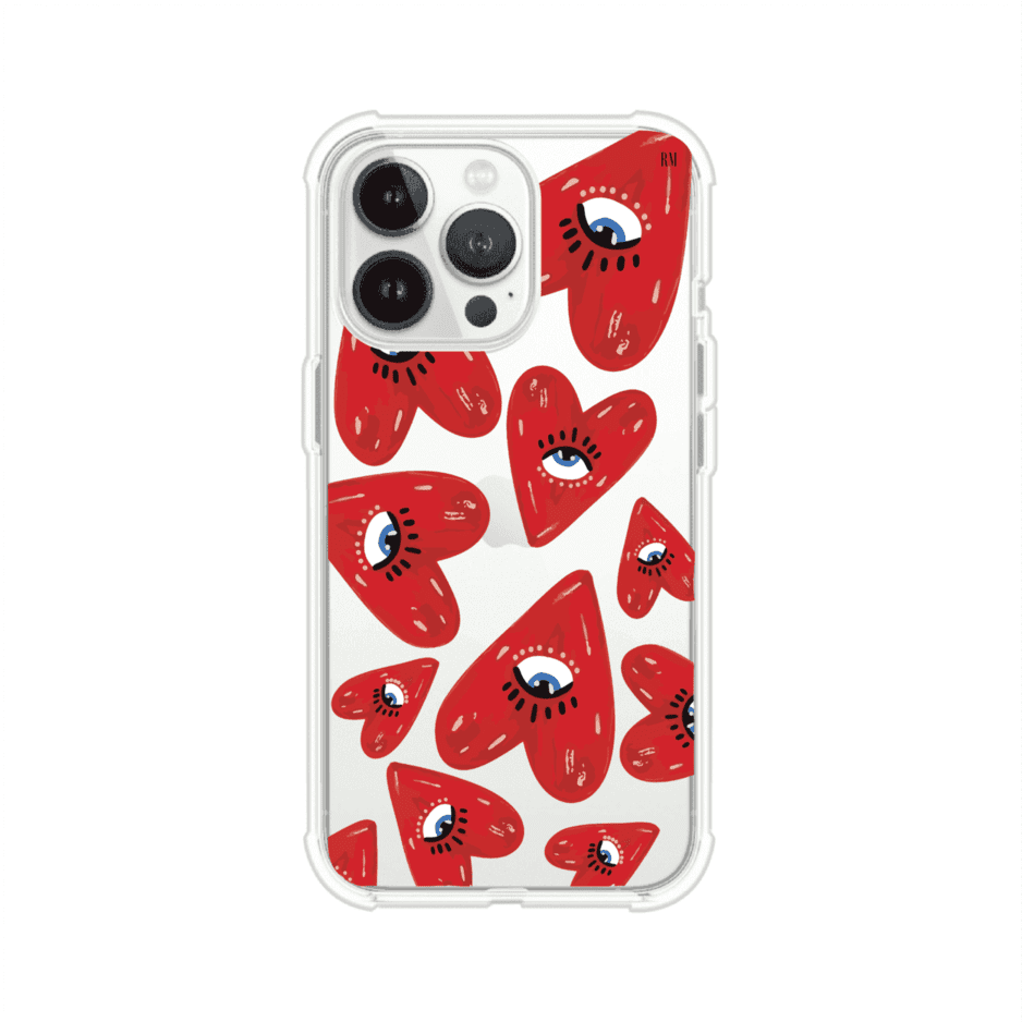 Funda para iPhone con diseño de corazones rojos ilustrados con ojos al centro. Estilo artístico, llamativo y original. Ideal para quienes buscan un accesorio único. Diseño de Remark MX