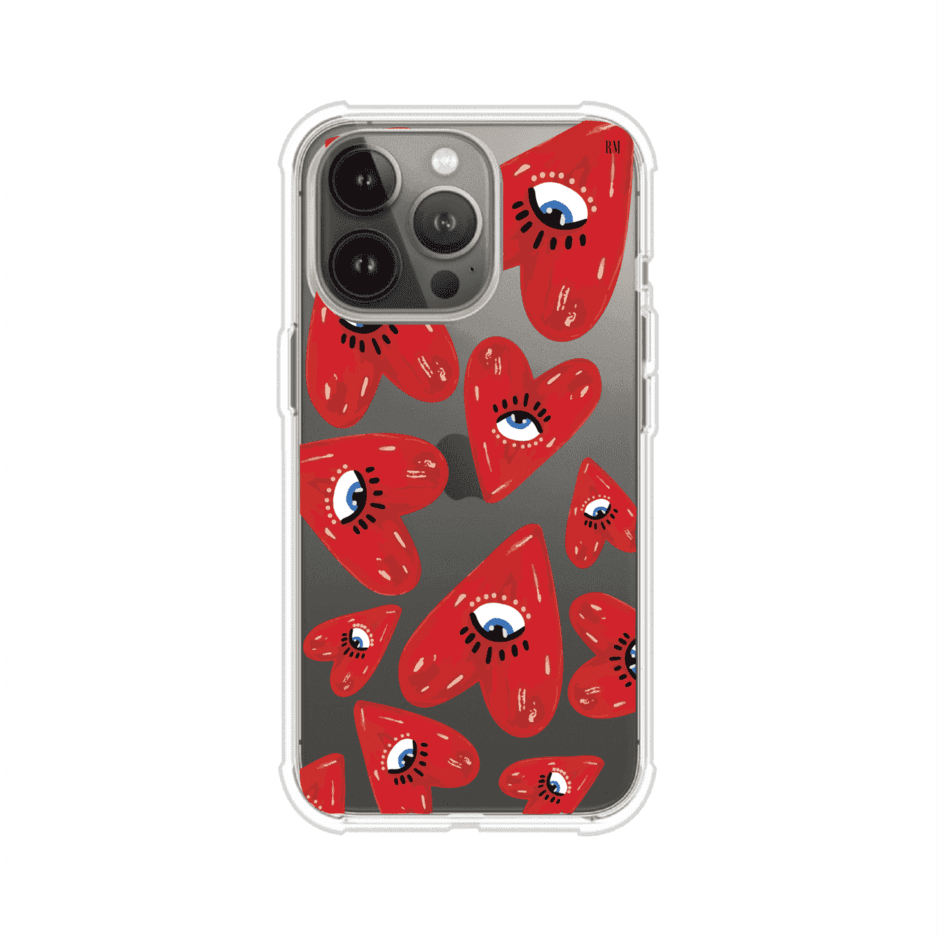 Funda para iPhone con diseño de corazones rojos ilustrados con ojos al centro. Estilo artístico, llamativo y original. Ideal para quienes buscan un accesorio único. Diseño de Remark MX