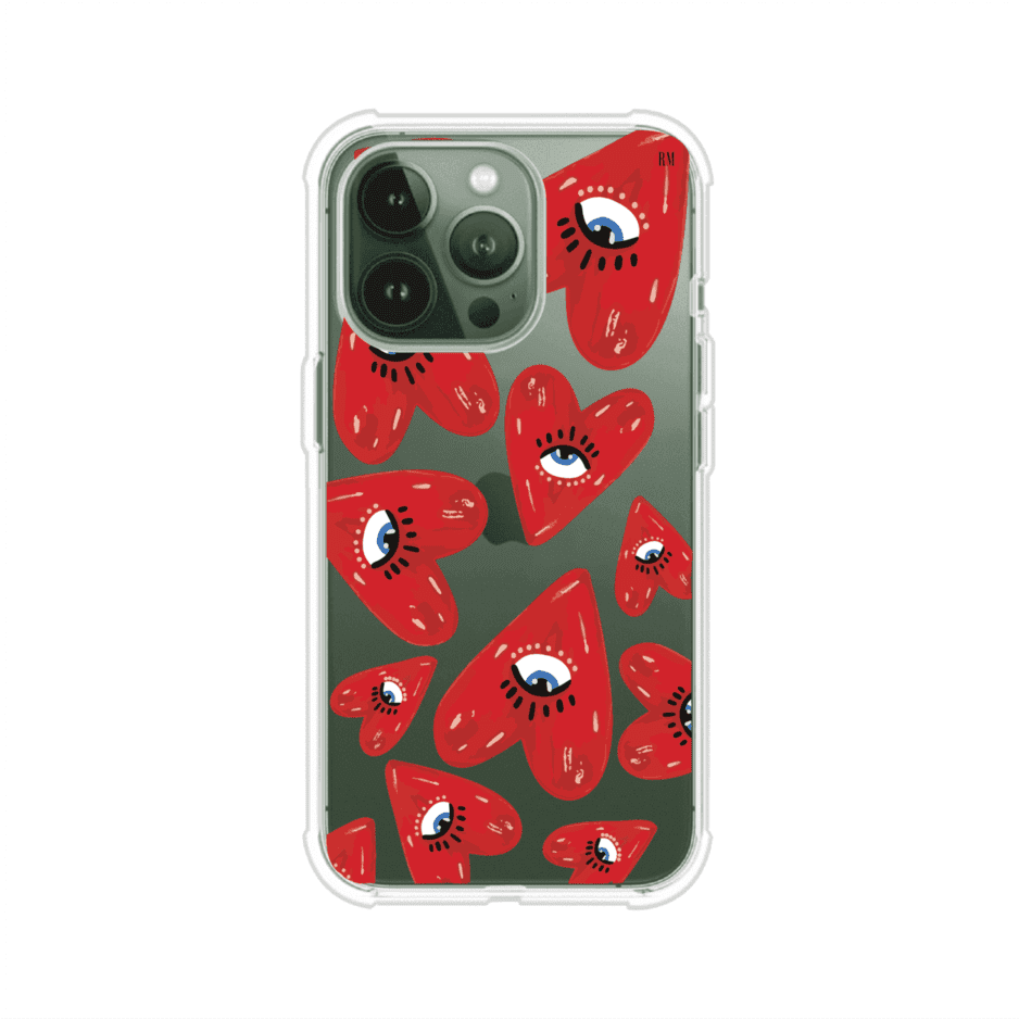 Funda para iPhone con diseño de corazones rojos ilustrados con ojos al centro. Estilo artístico, llamativo y original. Ideal para quienes buscan un accesorio único. Diseño de Remark MX