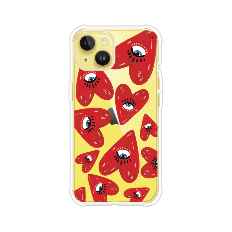 Funda para iPhone con diseño de corazones rojos ilustrados con ojos al centro. Estilo artístico, llamativo y original. Ideal para quienes buscan un accesorio único. Diseño de Remark MX