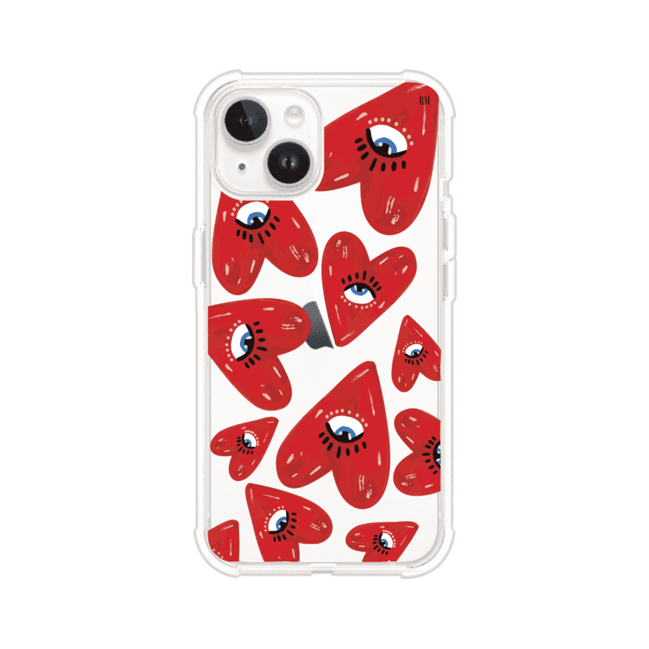 Funda para iPhone con diseño de corazones rojos ilustrados con ojos al centro. Estilo artístico, llamativo y original. Ideal para quienes buscan un accesorio único. Diseño de Remark MX