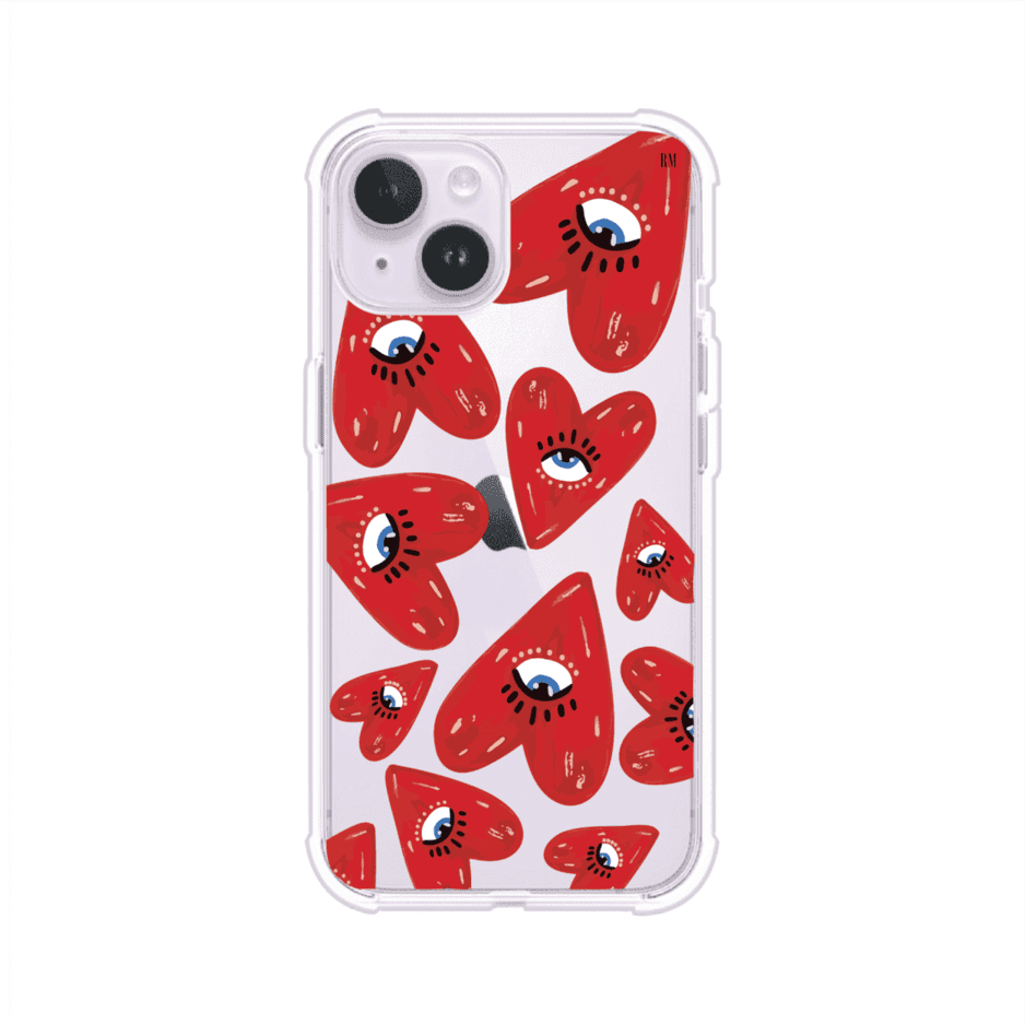 Funda para iPhone con diseño de corazones rojos ilustrados con ojos al centro. Estilo artístico, llamativo y original. Ideal para quienes buscan un accesorio único. Diseño de Remark MX
