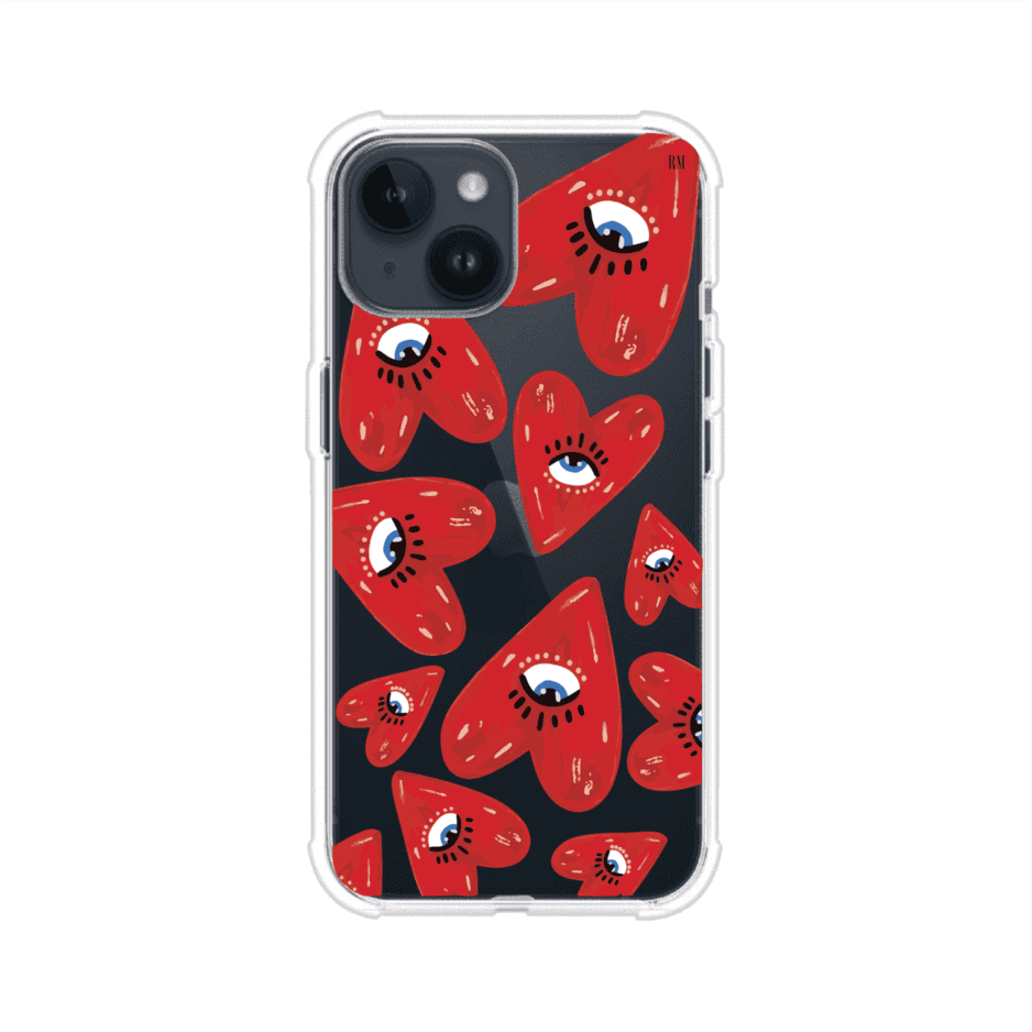 Funda para iPhone con diseño de corazones rojos ilustrados con ojos al centro. Estilo artístico, llamativo y original. Ideal para quienes buscan un accesorio único. Diseño de Remark MX