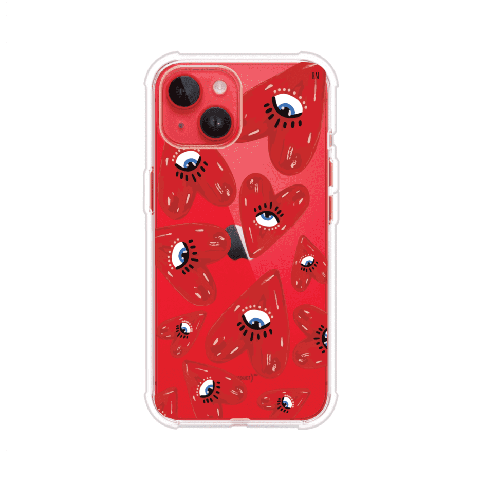 Funda para iPhone con diseño de corazones rojos ilustrados con ojos al centro. Estilo artístico, llamativo y original. Ideal para quienes buscan un accesorio único. Diseño de Remark MX