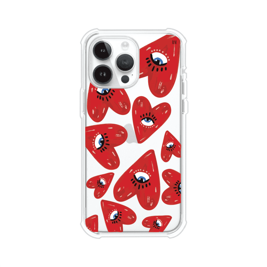Funda para iPhone con diseño de corazones rojos ilustrados con ojos al centro. Estilo artístico, llamativo y original. Ideal para quienes buscan un accesorio único. Diseño de Remark MX