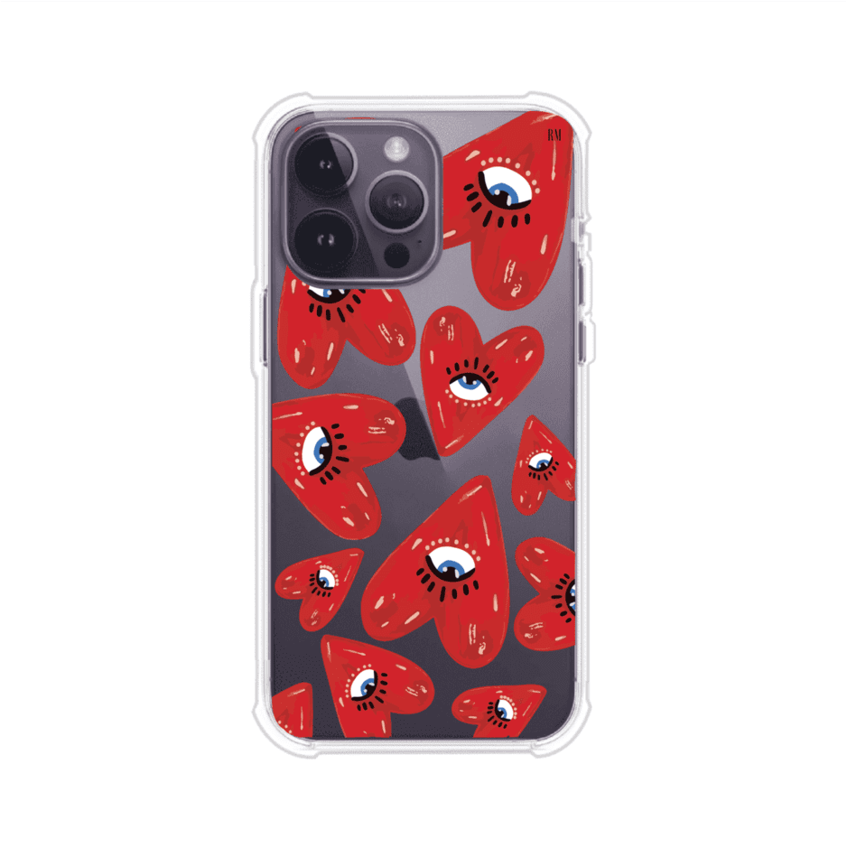 Funda para iPhone con diseño de corazones rojos ilustrados con ojos al centro. Estilo artístico, llamativo y original. Ideal para quienes buscan un accesorio único. Diseño de Remark MX