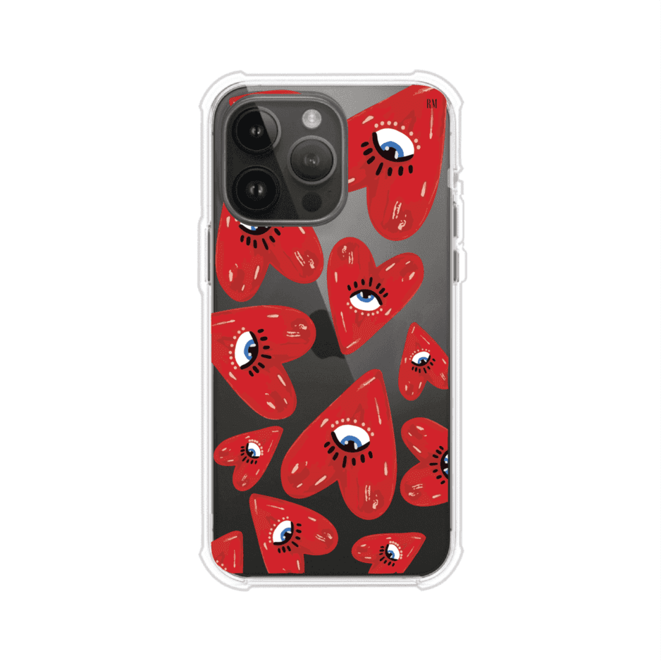Funda para iPhone con diseño de corazones rojos ilustrados con ojos al centro. Estilo artístico, llamativo y original. Ideal para quienes buscan un accesorio único. Diseño de Remark MX