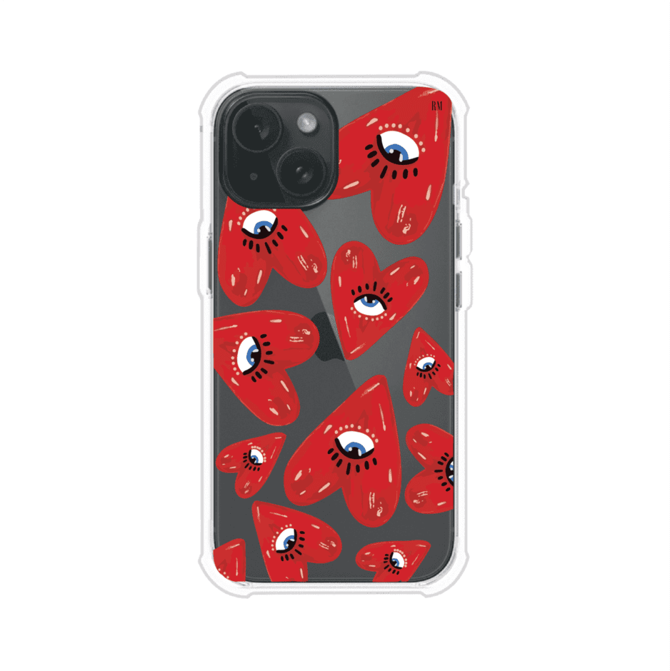 Funda para iPhone con diseño de corazones rojos ilustrados con ojos al centro. Estilo artístico, llamativo y original. Ideal para quienes buscan un accesorio único. Diseño de Remark MX