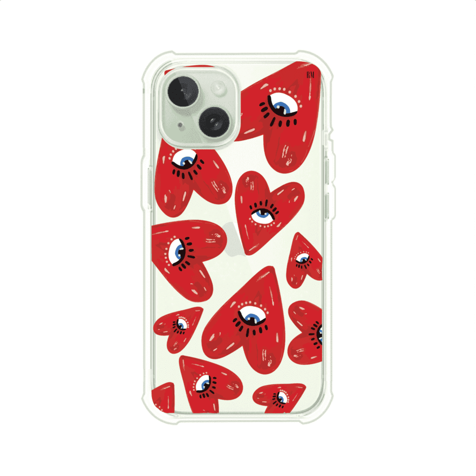 Funda para iPhone con diseño de corazones rojos ilustrados con ojos al centro. Estilo artístico, llamativo y original. Ideal para quienes buscan un accesorio único. Diseño de Remark MX
