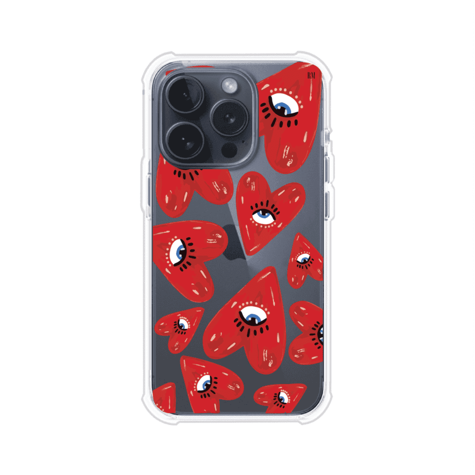 Funda para iPhone con diseño de corazones rojos ilustrados con ojos al centro. Estilo artístico, llamativo y original. Ideal para quienes buscan un accesorio único. Diseño de Remark MX
