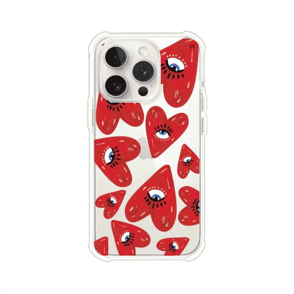 Funda para iPhone con diseño de corazones rojos ilustrados con ojos al centro. Estilo artístico, llamativo y original. Ideal para quienes buscan un accesorio único. Diseño de Remark MX