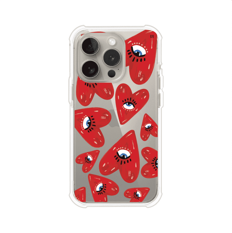 Funda para iPhone con diseño de corazones rojos ilustrados con ojos al centro. Estilo artístico, llamativo y original. Ideal para quienes buscan un accesorio único. Diseño de Remark MX