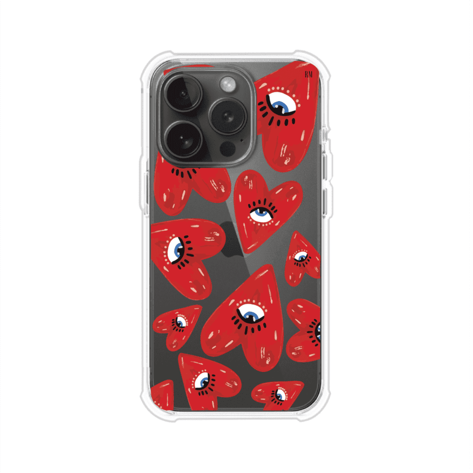 Funda para iPhone con diseño de corazones rojos ilustrados con ojos al centro. Estilo artístico, llamativo y original. Ideal para quienes buscan un accesorio único. Diseño de Remark MX