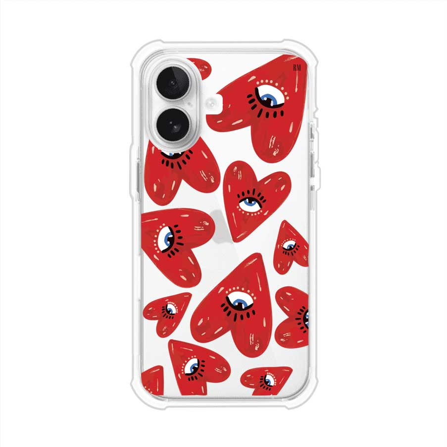 Funda para iPhone con diseño de corazones rojos ilustrados con ojos al centro. Estilo artístico, llamativo y original. Ideal para quienes buscan un accesorio único. Diseño de Remark MX