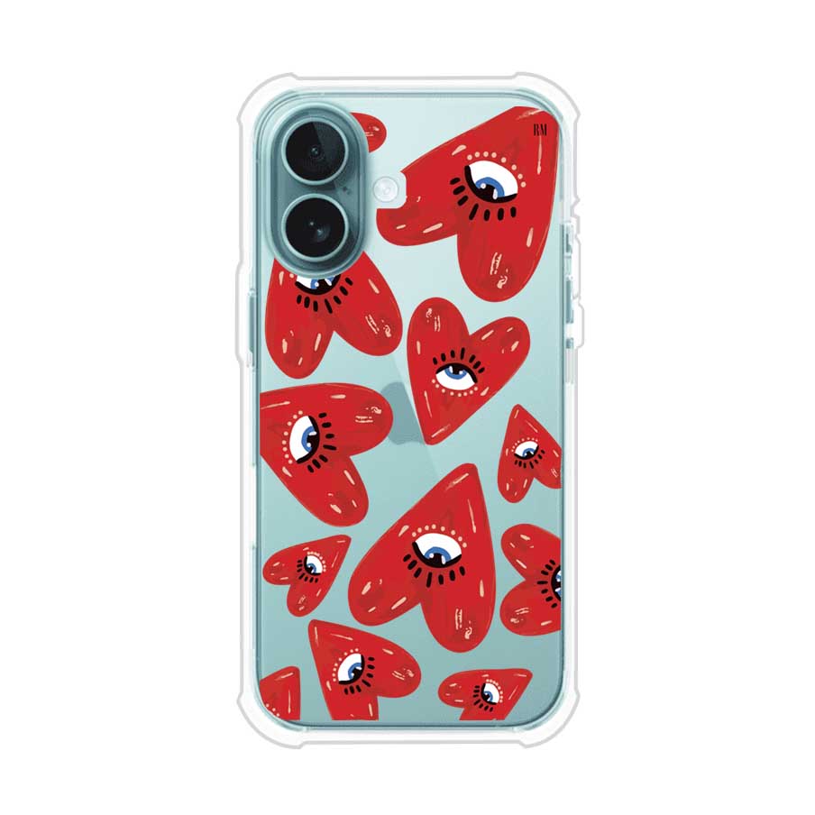 Funda para iPhone con diseño de corazones rojos ilustrados con ojos al centro. Estilo artístico, llamativo y original. Ideal para quienes buscan un accesorio único. Diseño de Remark MX