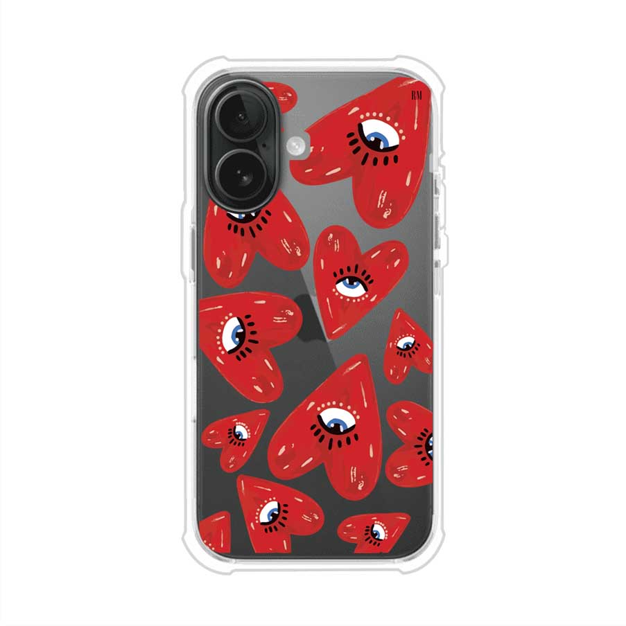 Funda para iPhone con diseño de corazones rojos ilustrados con ojos al centro. Estilo artístico, llamativo y original. Ideal para quienes buscan un accesorio único. Diseño de Remark MX
