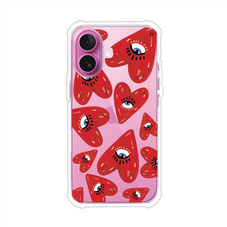 Funda para iPhone con diseño de corazones rojos ilustrados con ojos al centro. Estilo artístico, llamativo y original. Ideal para quienes buscan un accesorio único. Diseño de Remark MX
