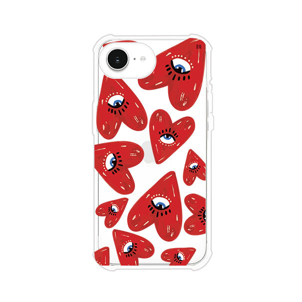 Funda para iPhone con diseño de corazones rojos ilustrados con ojos al centro. Estilo artístico, llamativo y original. Ideal para quienes buscan un accesorio único. Diseño de Remark MX