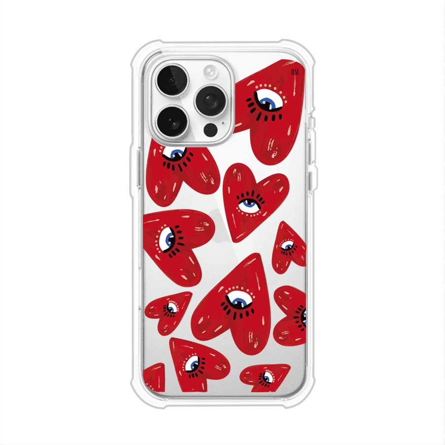Funda para iPhone con diseño de corazones rojos ilustrados con ojos al centro. Estilo artístico, llamativo y original. Ideal para quienes buscan un accesorio único. Diseño de Remark MX
