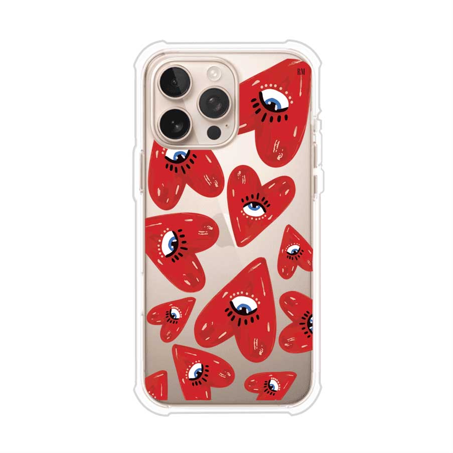 Funda para iPhone con diseño de corazones rojos ilustrados con ojos al centro. Estilo artístico, llamativo y original. Ideal para quienes buscan un accesorio único. Diseño de Remark MX