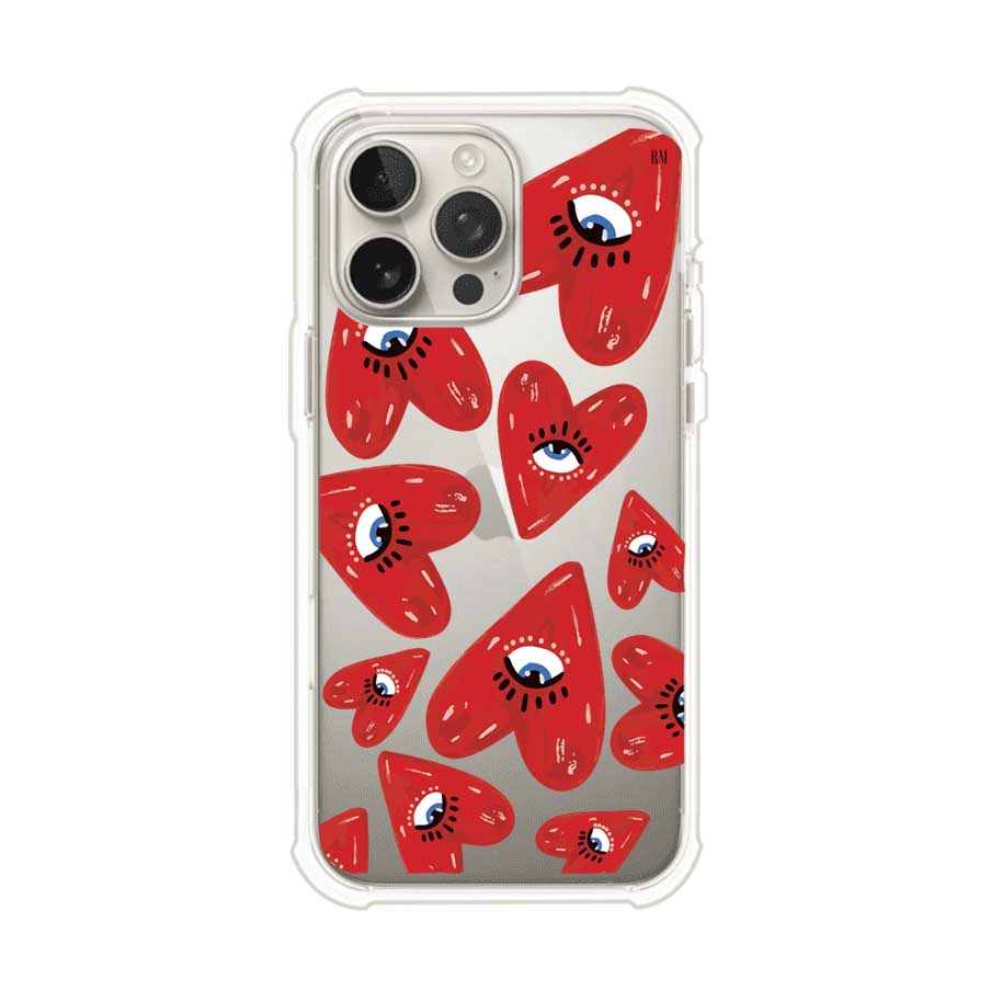 Funda para iPhone con diseño de corazones rojos ilustrados con ojos al centro. Estilo artístico, llamativo y original. Ideal para quienes buscan un accesorio único. Diseño de Remark MX
