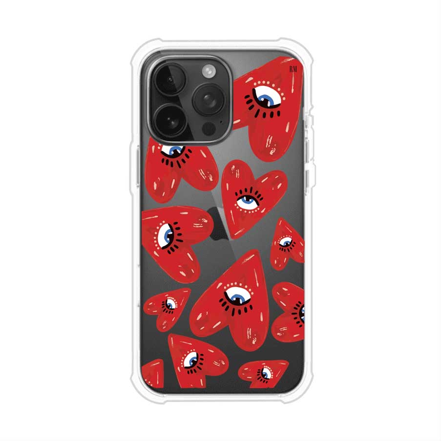 Funda para iPhone con diseño de corazones rojos ilustrados con ojos al centro. Estilo artístico, llamativo y original. Ideal para quienes buscan un accesorio único. Diseño de Remark MX