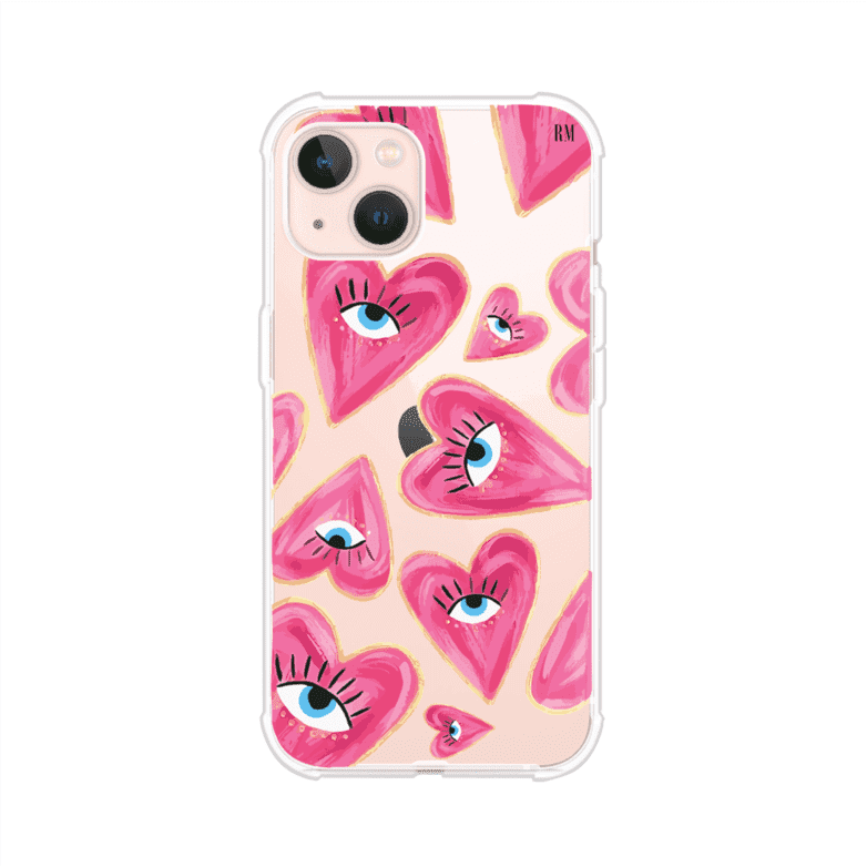 Funda para iPhone con corazones rosas ilustrados y ojos, diseño artístico y romántico. Ideal para expresar amor con estilo. Producto de Remark Mx