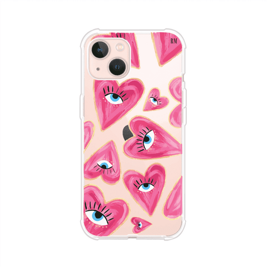 Funda para iPhone con corazones rosas ilustrados y ojos, diseño artístico y romántico. Ideal para expresar amor con estilo. Producto de Remark Mx